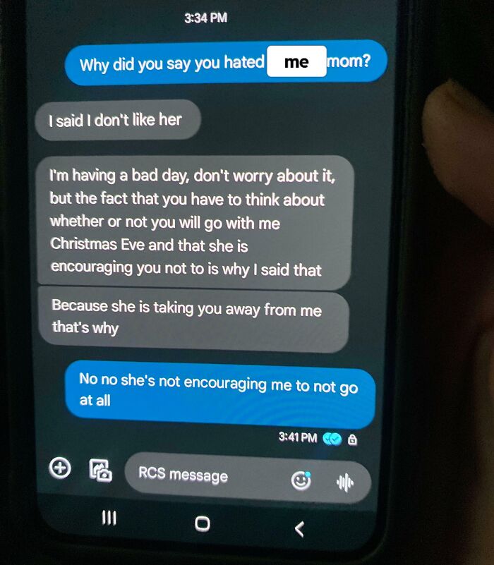 Text message about conflict involving in-laws, capturing a tense exchange.