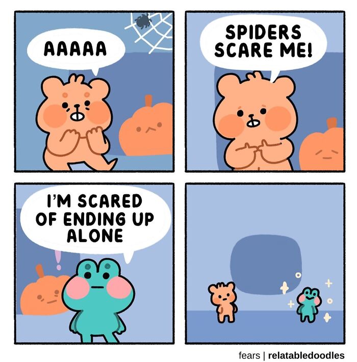 Cartoon bear and frog express personal fears, spider-related and loneliness, in a relatable doodles comic.