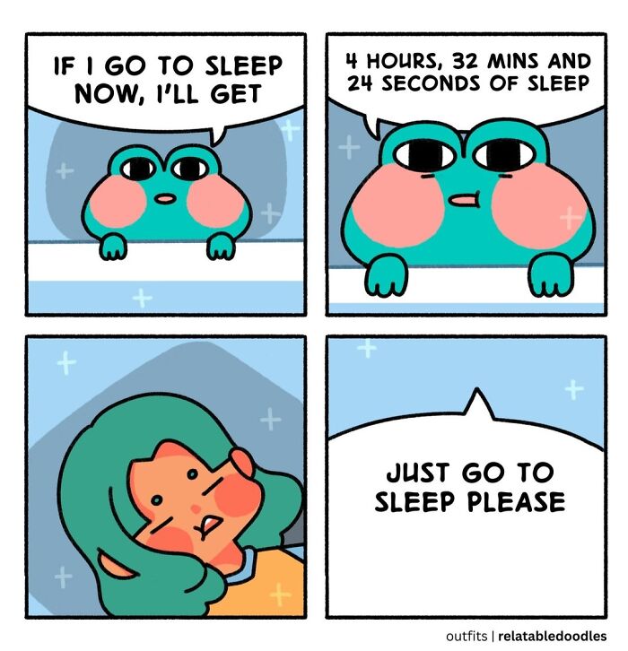 Relatable comics about overthinking sleep with a character humorously calculating sleep hours.