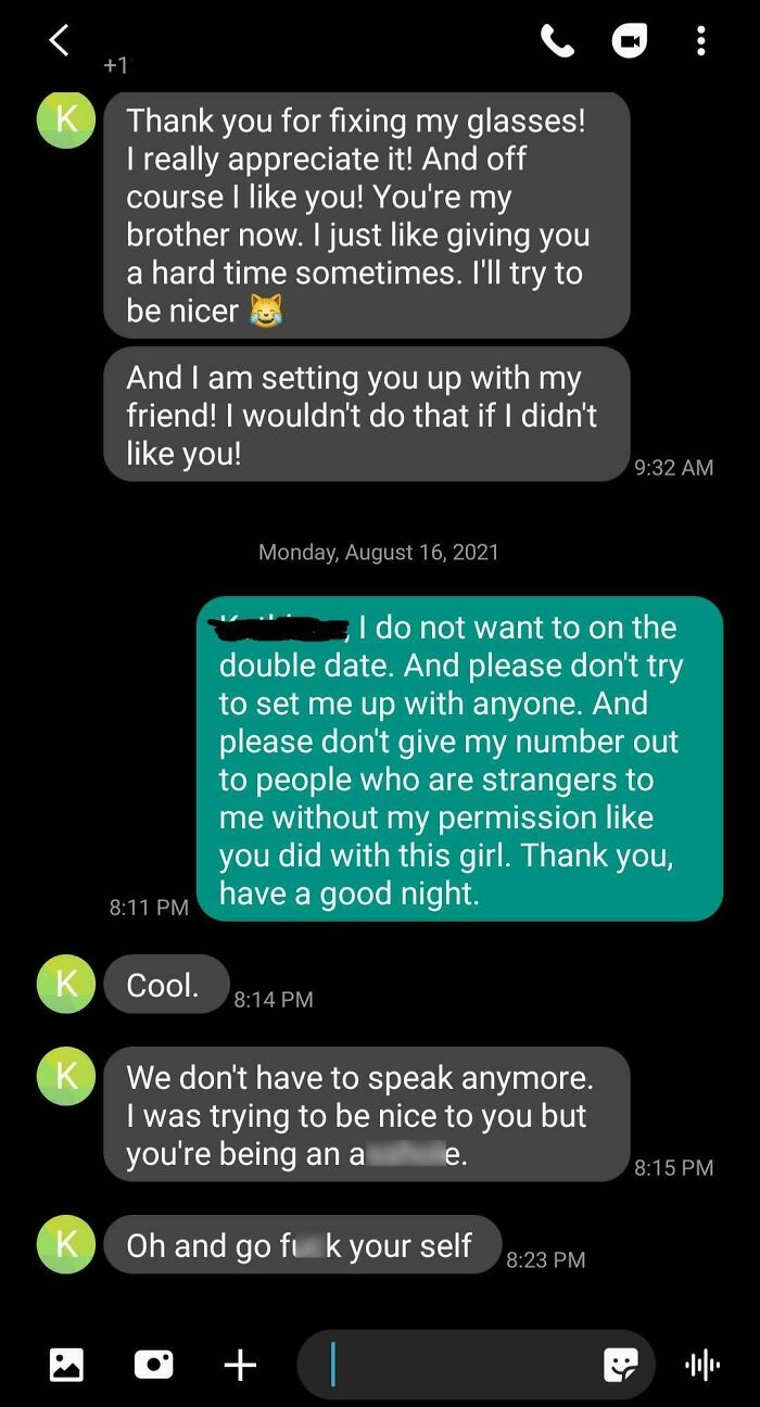 Text conversation showing conflict with difficult in-laws.