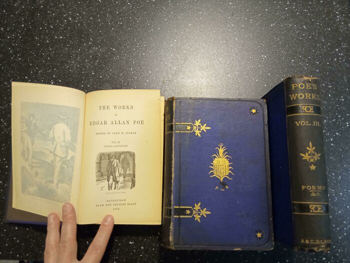 Vintage Edgar Allan Poe book set with ornate blue and gold covers, displayed on a dark surface.