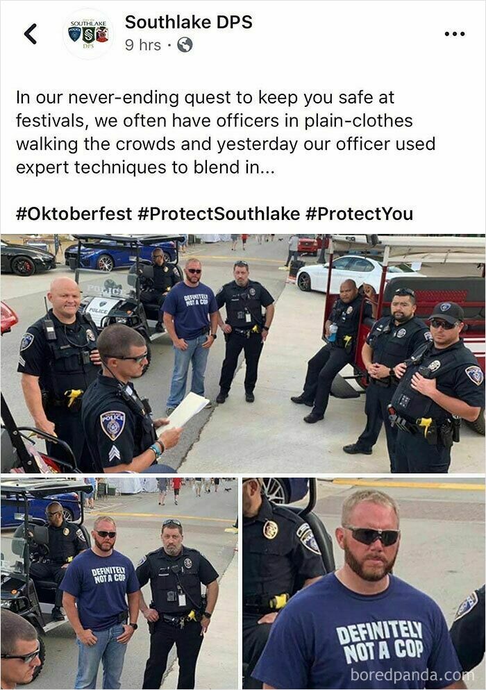 Officers and a man in a "Definitely Not a Cop" shirt stand together at an event, blending in with the crowd.
