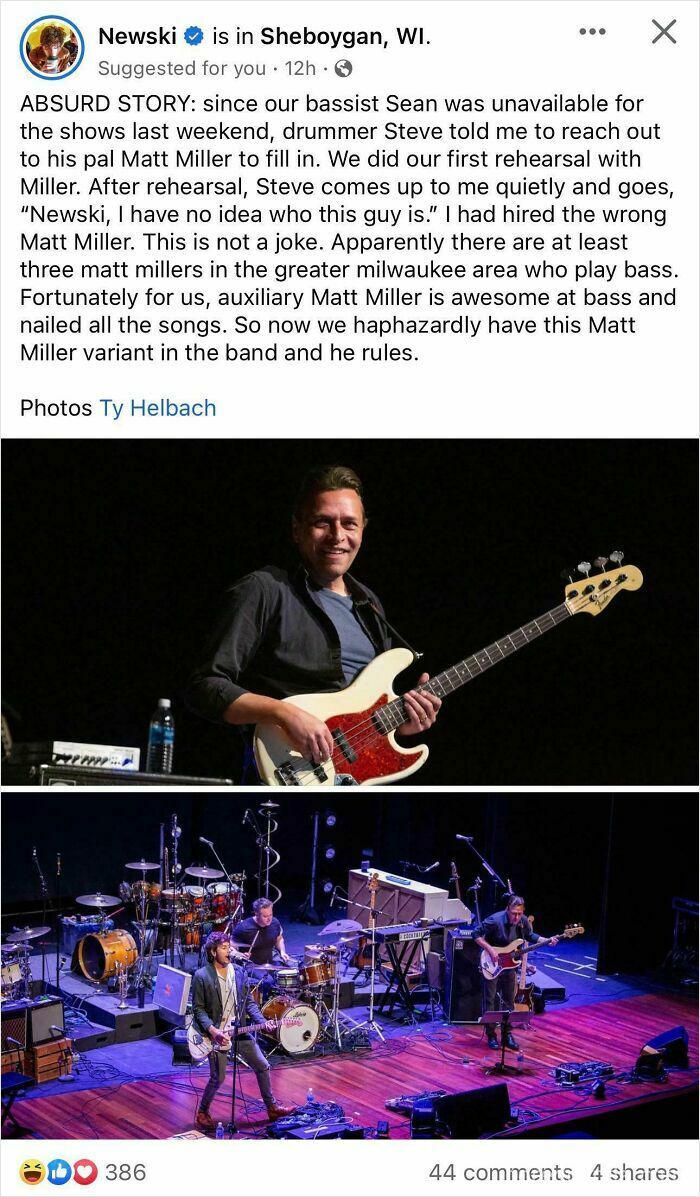 Band substitute joins the stage, playing bass guitar during a live performance, seamlessly fitting into the lineup.