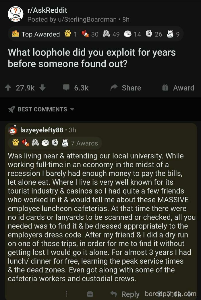 Reddit post discussing loopholes; user shares story on free meals by acting like they belong in employee cafeterias.