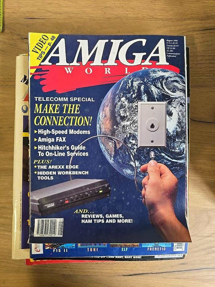 Amiga World magazine featuring vintage tech and connection tools.