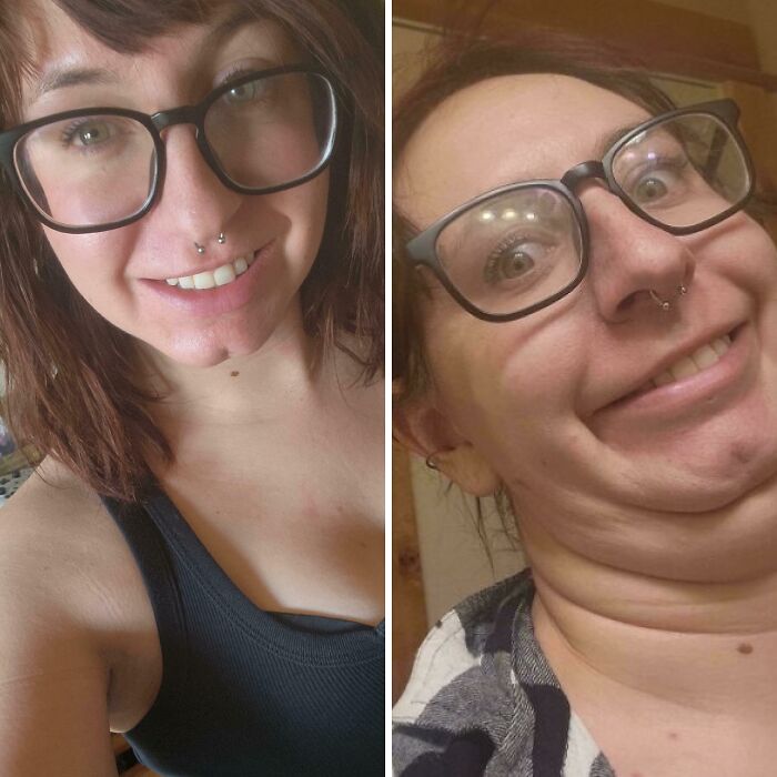 Woman humorously showing how different the same person can look in two side-by-side photos, wearing glasses.