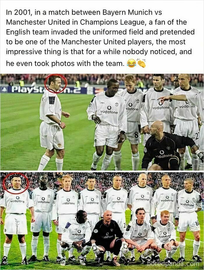 A fan poses as a Manchester United player on the field, unnoticed, during a Champions League match.