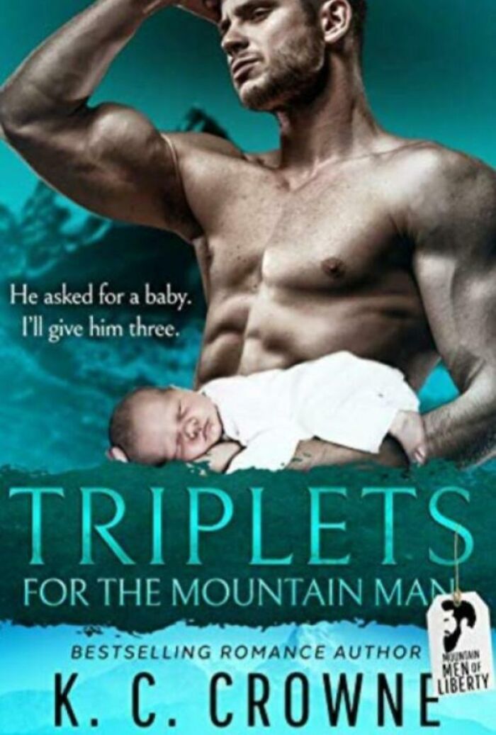 Muscular man holding a baby on book cover; text reads "Triplets for the Mountain Man." Terrible book covers.