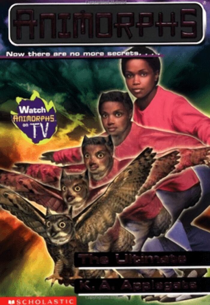 Animorphs book cover with a boy morphing into an owl, showcasing a unique design.