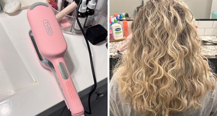 Pink hair styling tool on a counter next to a woman with styled, wavy hair, showcasing bargain life discounts.