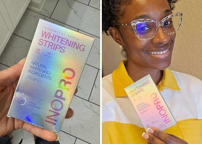 Person smiling with a box of whitening strips, showcasing a bargain find from Amazon's spring discounts.