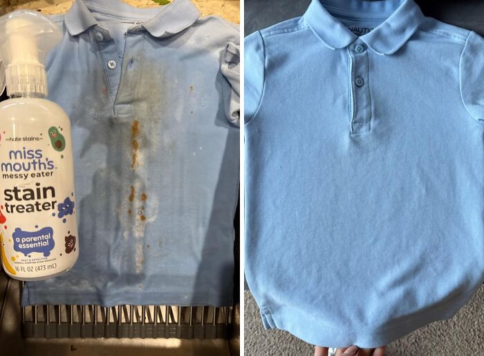 "Before and after of a stained shirt treated with stain treater, showcasing bargain discount results on Amazon."