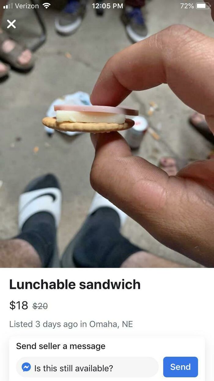 "Person holding a small cracker sandwich, listed as a 'Lunchable sandwich' on Facebook Marketplace for $18."