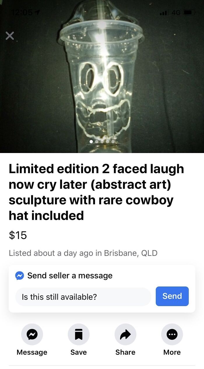 Plastic cup with a smiley face drawing listed as abstract art on Facebook Marketplace.