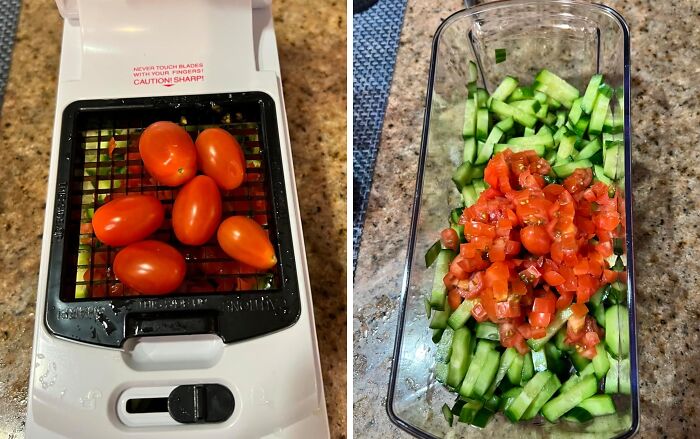 Chopper slicing tomatoes and cucumbers for a salad, showcasing an Amazon spring discount on kitchen gadgets.