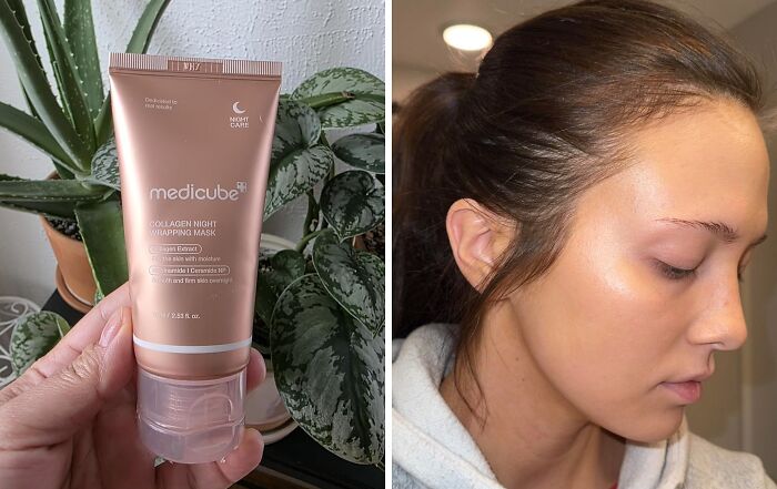 Collagen mask tube next to aloe plant and woman with glowing skin, showcasing bargain spring discounts on Amazon.