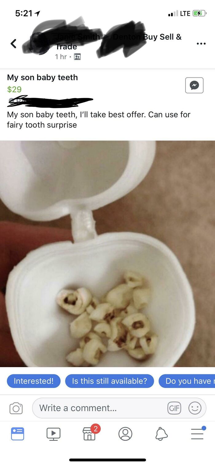 Baby teeth for sale on Facebook Marketplace in a white case, described as a fairy tooth surprise.