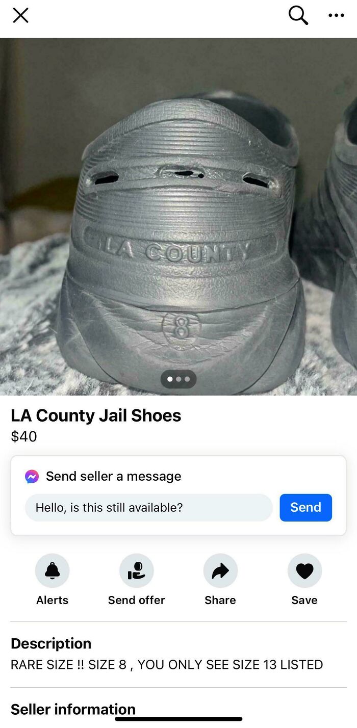 Gray LA County jail shoes listed on Facebook Marketplace for $40.