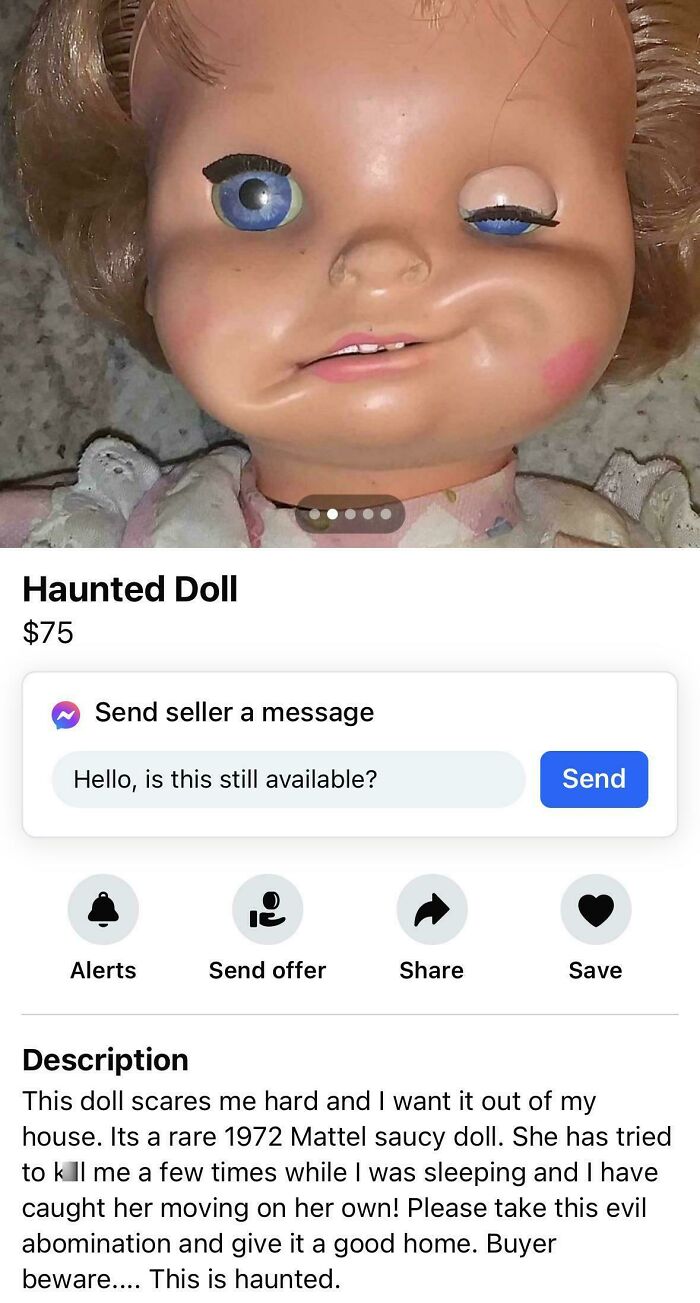 Creepy doll for sale on Facebook Marketplace described as haunted with eerie eyes and unsettling expression.