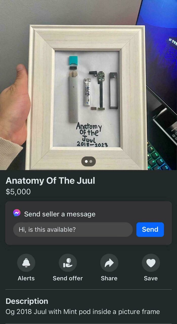Framed Juul components labeled "Anatomy of the Juul" listed for $5,000 on Facebook Marketplace.