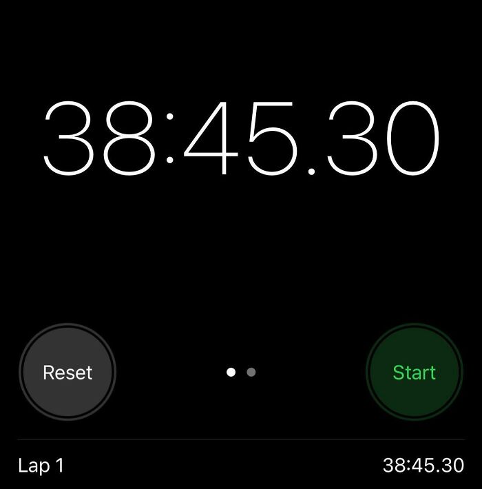 Digital stopwatch showing 38:45.30 with reset and start buttons, highlighting colleague struggles.