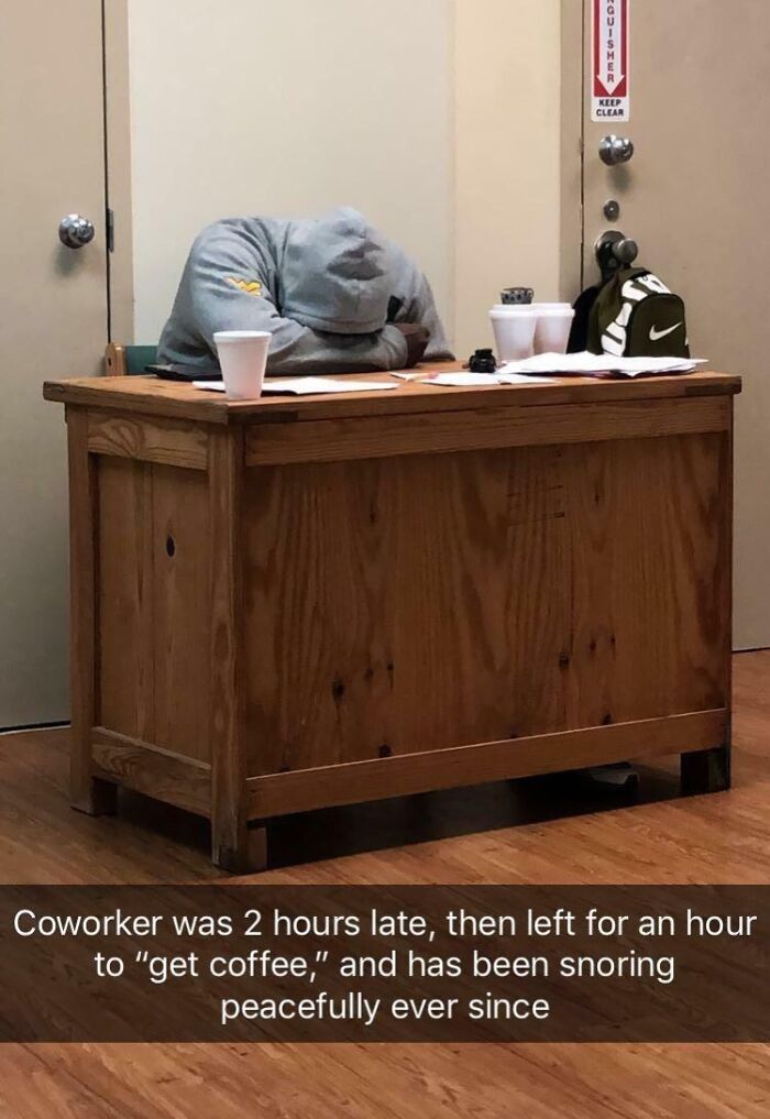 Coworker asleep at desk after arriving late and taking a long coffee break, illustrating worst colleague experiences.