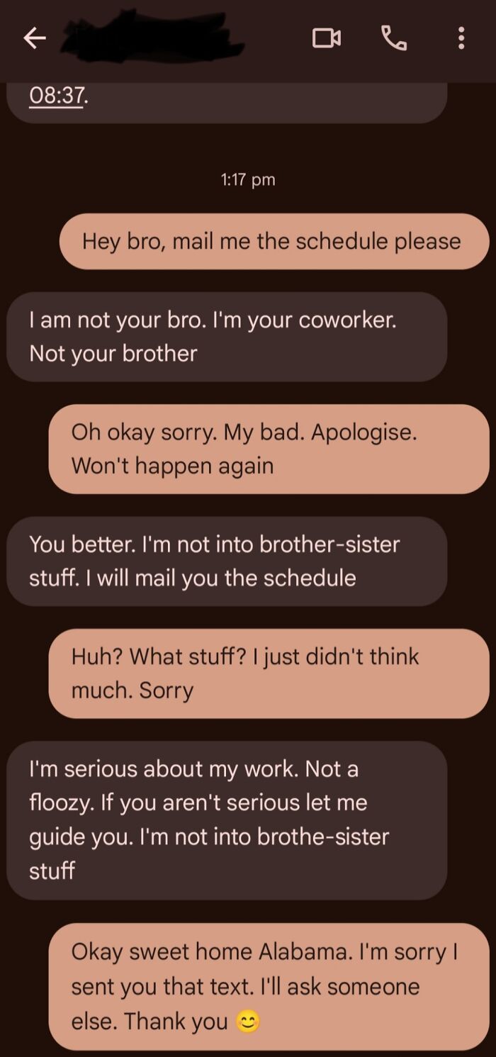 Text exchange showing awkward communication between colleagues.