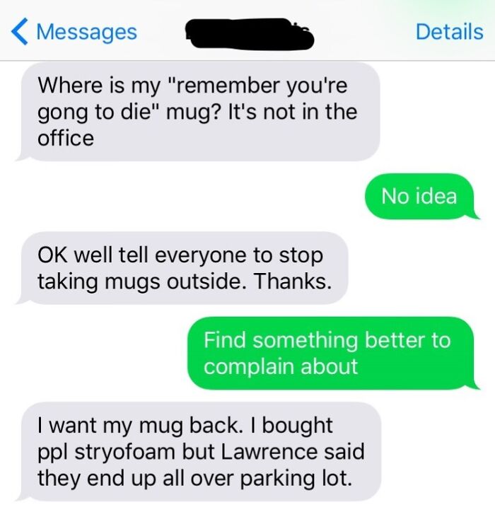 Text message exchange highlighting a colleague's complaint about a missing mug, showcasing worst colleagues.