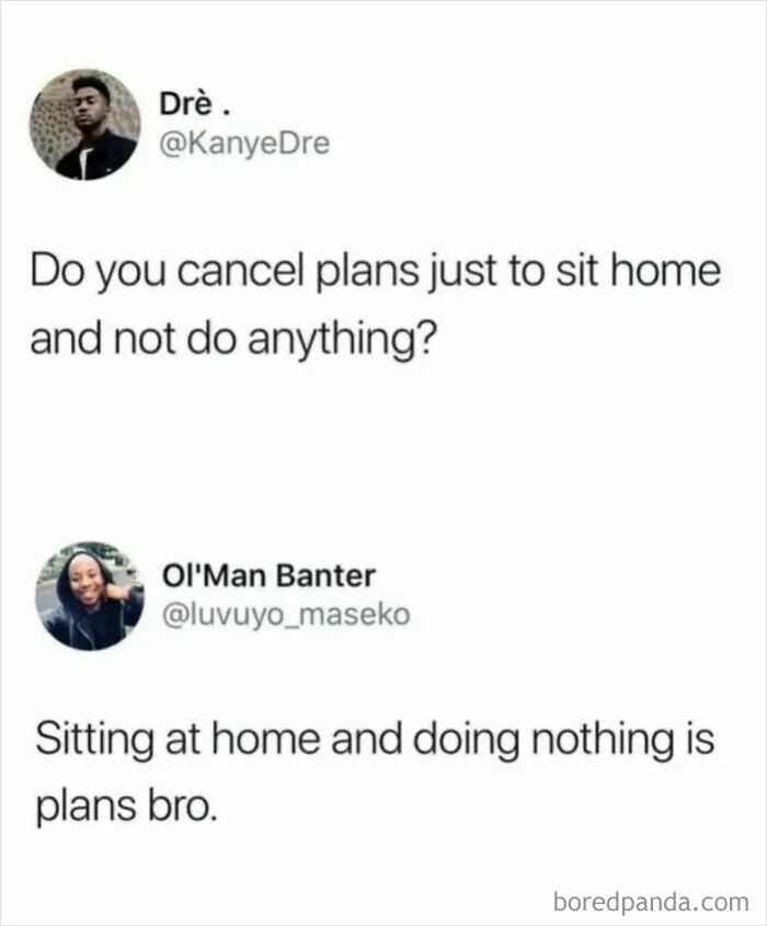 Two Twitter-style posts discussing the sarcasm of canceling plans to stay home and do nothing.