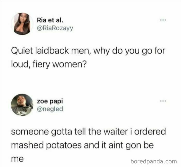 Sarcastic meme about quiet men needing help ordering mashed potatoes in a restaurant setting.