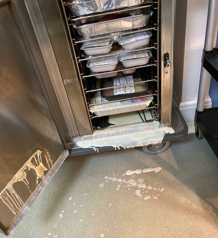 Messy workday with spilled food on a storage rack in a kitchen, adding to a challenging day at work.