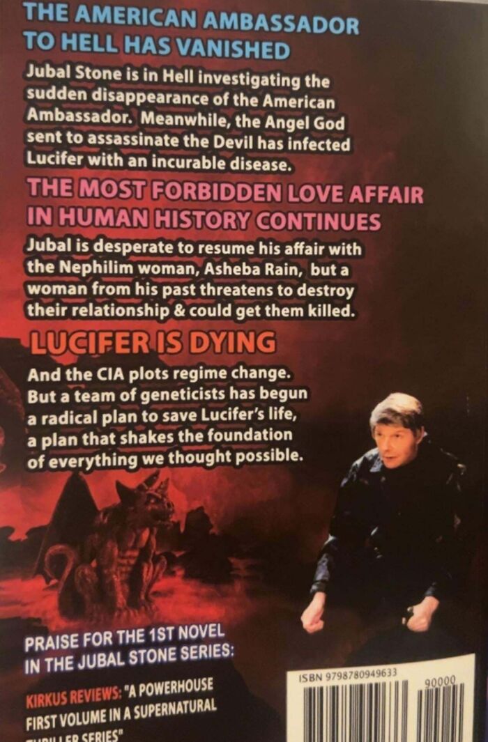 Terrible book cover featuring dramatic text about vanishing, forbidden love, and Lucifer’s illness alongside a man and creature.