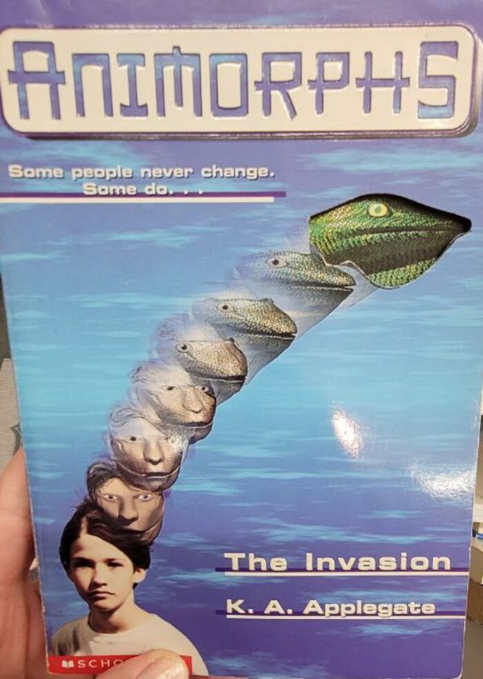 Animorphs book cover featuring a boy's face transforming into a fish, representing a unique concept in book design.