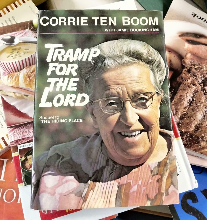 Terrible book cover featuring "Tramp for the Lord" by Corrie Ten Boom.