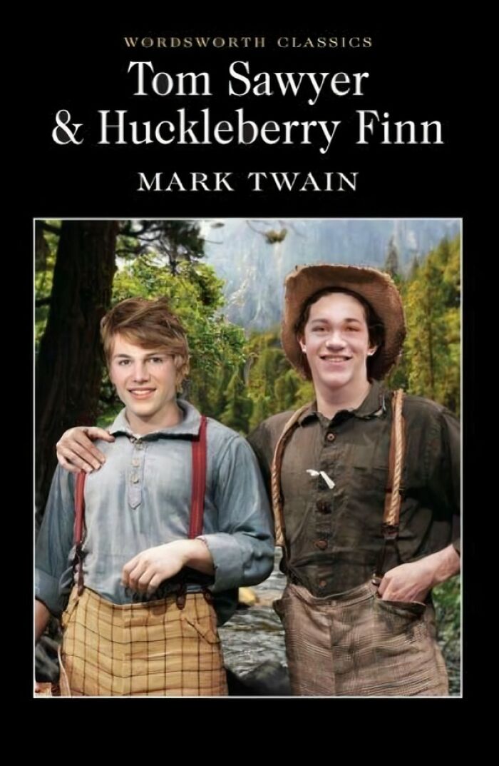 Terrible book cover of "Tom Sawyer & Huckleberry Finn" featuring unrealistic character depictions in a forest setting.