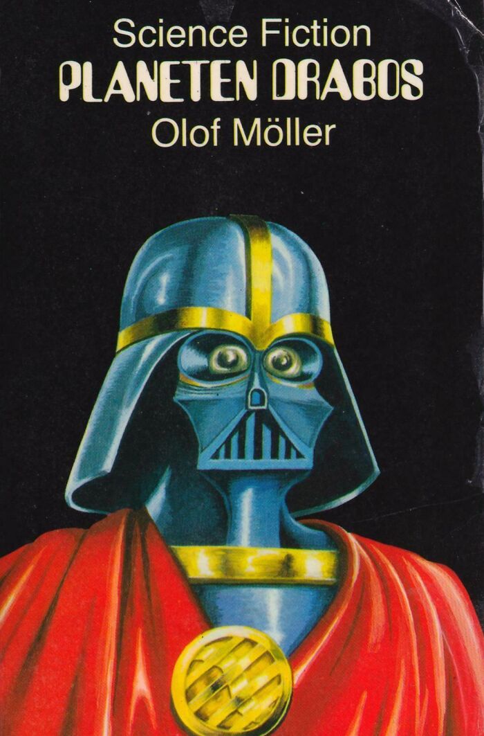 Terrible book cover featuring a science fiction character with helmet and red cape.