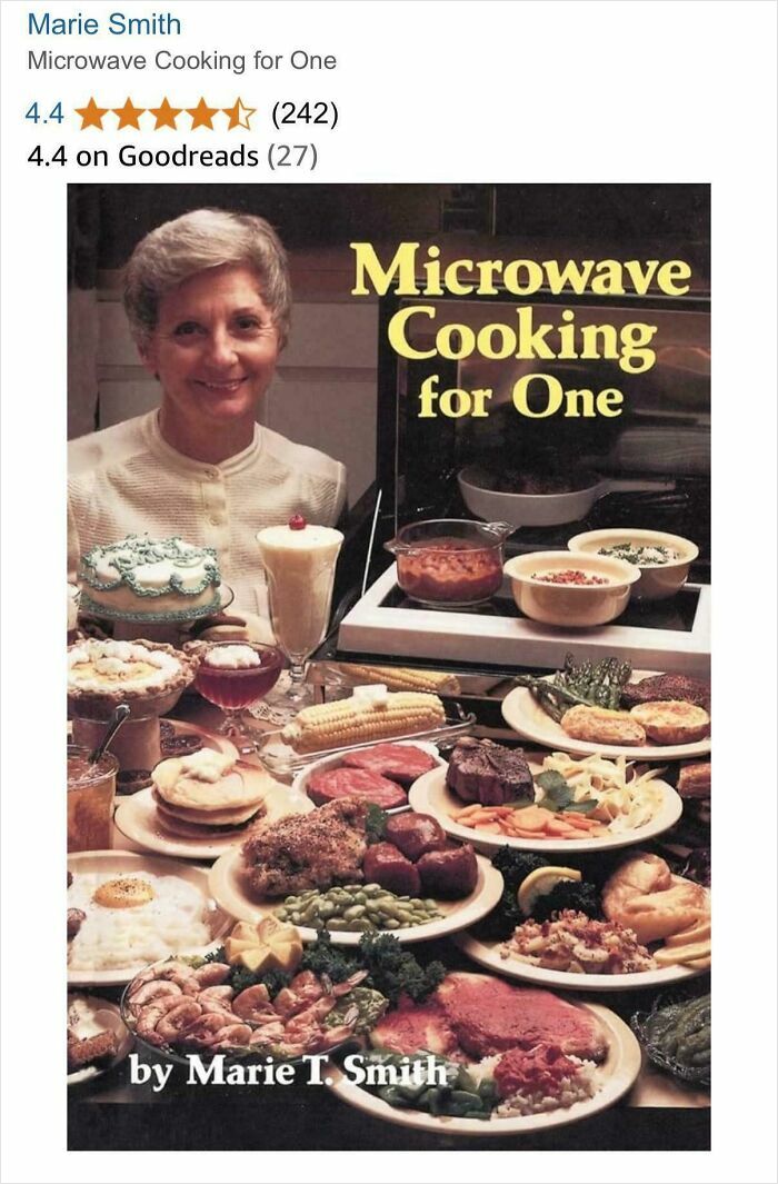 Terrible book cover featuring "Microwave Cooking for One" by Marie T. Smith with a table full of dishes.
