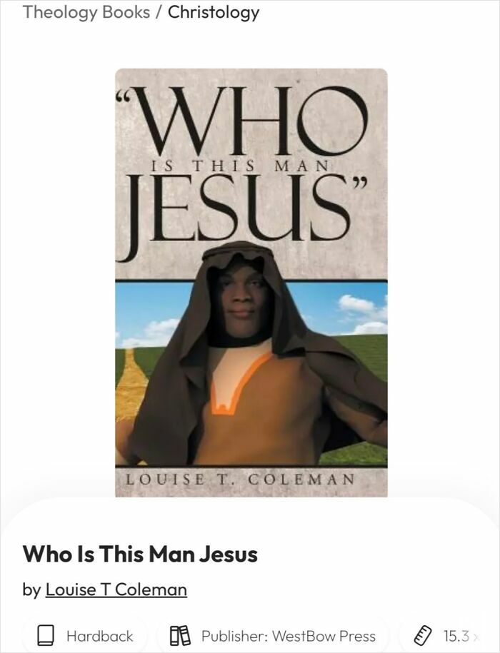Terrible book cover of "Who Is This Man Jesus" featuring a stylized figure in a robe against a pastoral backdrop.