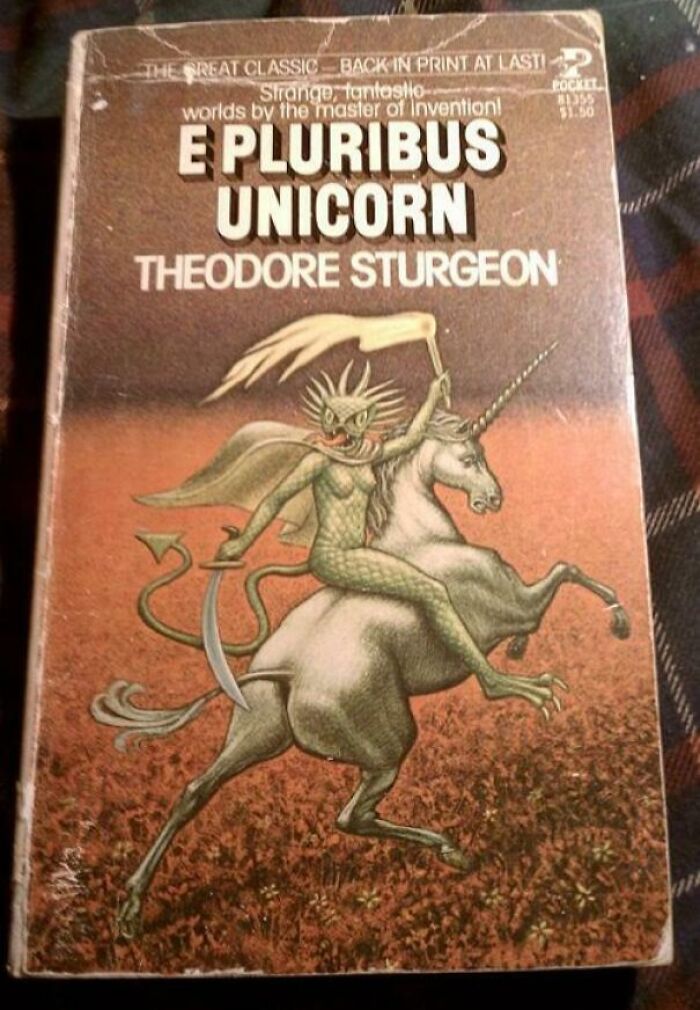 Unusual book cover art featuring a mythical creature riding a unicorn.