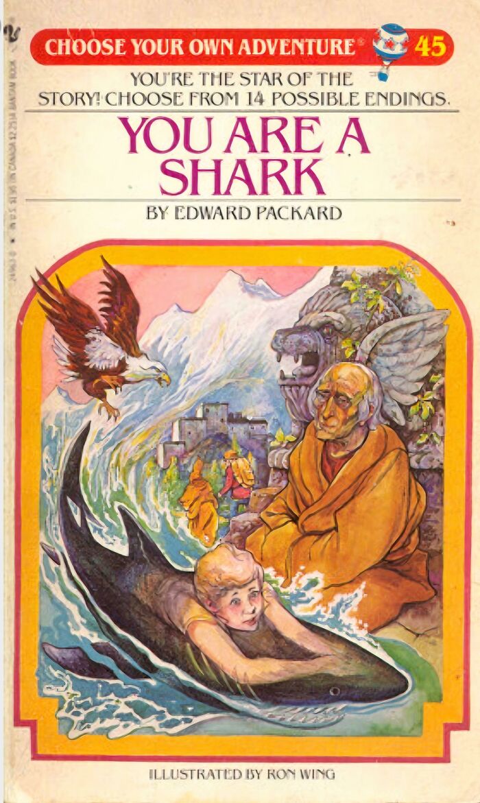 Terrible book cover showing a child riding a shark with an eagle and a monk in a fantasy scene.