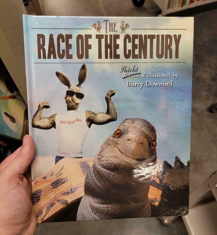 Terrible book cover featuring muscular hare and smiling tortoise on "The Race of the Century" book by Barry Downard.