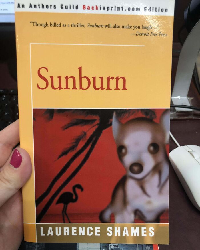 Terrible book cover featuring a startled Chihuahua, a flamingo, and palm trees on the book "Sunburn."