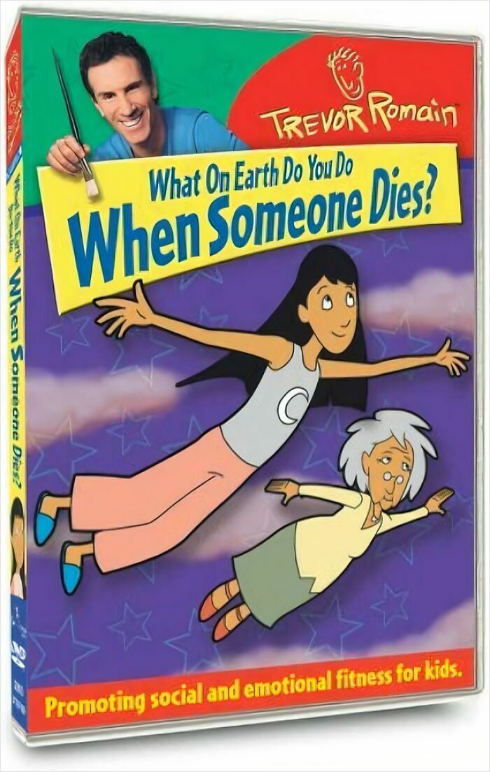 Terrible book cover depicting a child and elderly woman floating, promoting social and emotional fitness for kids.