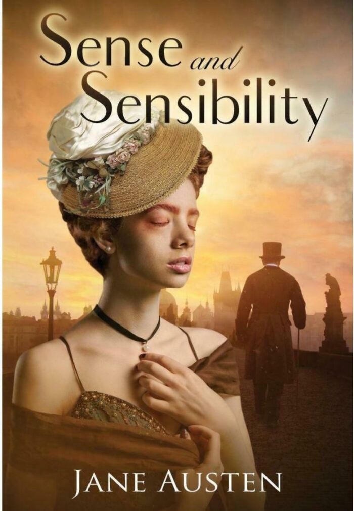 Unusual "Sense and Sensibility" book cover with a woman in period clothing against a cityscape background.