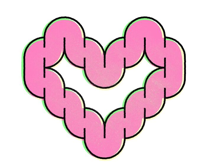 Pink heart-shaped chain illustration, minimalist design by Jardel Vieira.