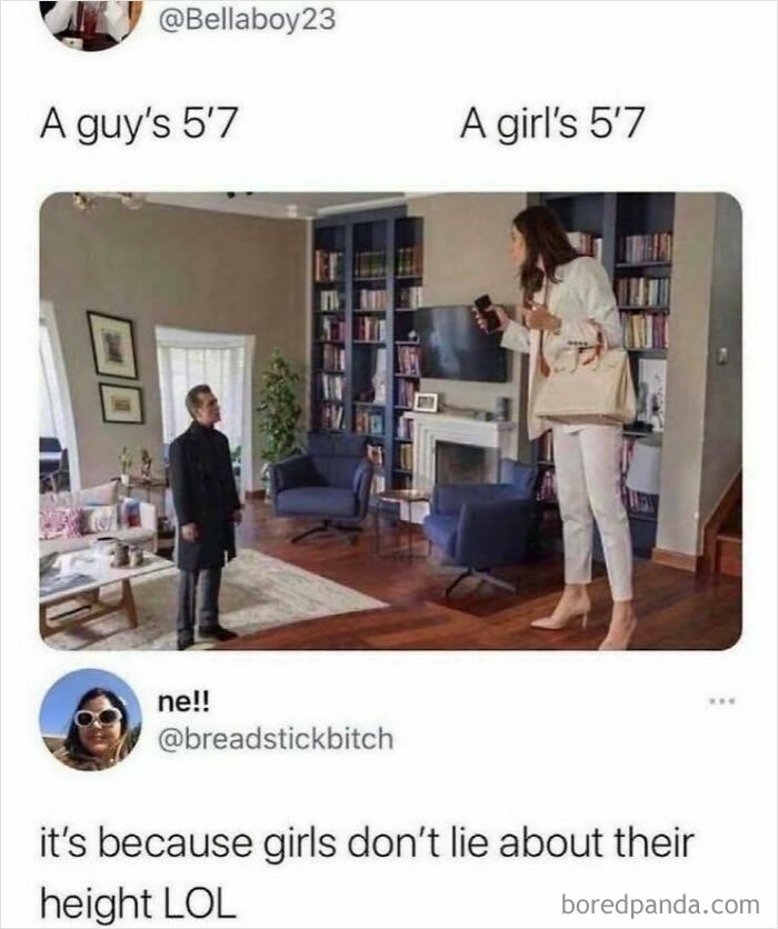 Two people in a living room, humorously comparing "5'7" height differences," highlighting sarcasm sodality.