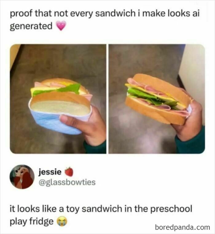 Two images of a sandwich, one real and one toy-like, highlighting sarcasm in meme format.