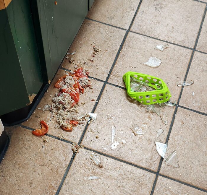 Broken glass jar and spilled food on floor, a worst day at work.