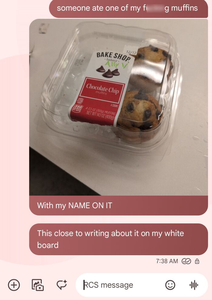Chocolate chip muffin package missing a muffin with funny message about someone's worst day at work joke.