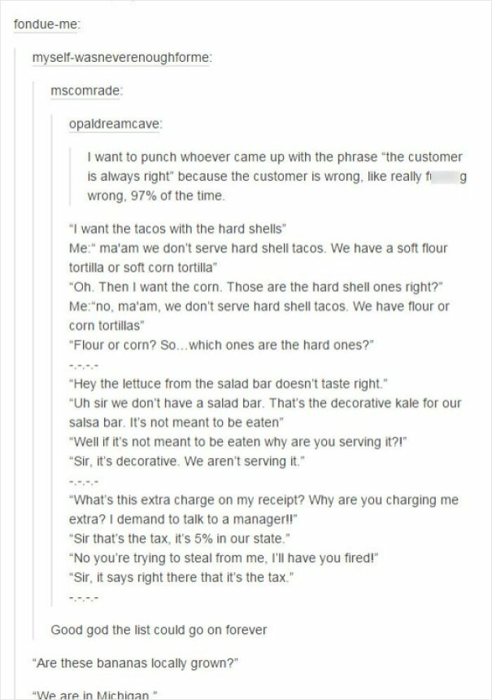 Text conversation illustrating humorous examples of customer cluelessness in various service scenarios.